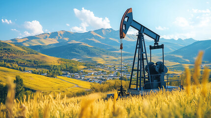Vintage oil pump jack in scenic landscape with mountains