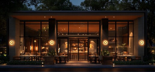 Modern restaurant with outdoor patio at night.