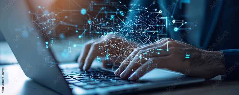 Poster a cybersecurity specialist typing on a keyboard with a digital interface of secure networks overlayi