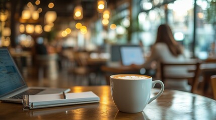 Cozy Cafe Work Scene with Latte. A warm, inviting coffee shop atmosphere with a latte, notebook, and laptop, perfect for studying or working remotely.