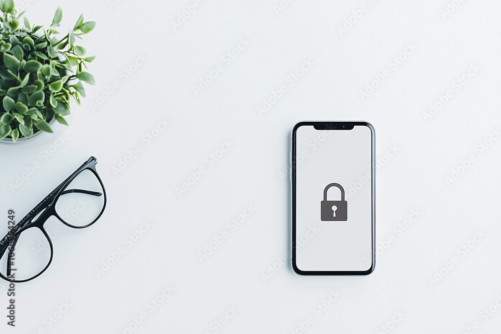 Poster a mobile device displaying a security app with a prominent padlock icon, set on a clean, white desk.