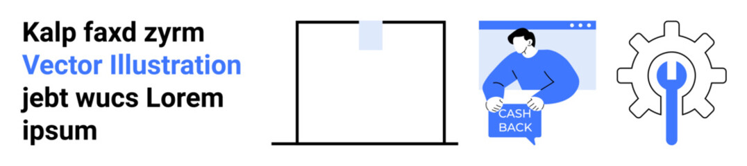 Chart with a bar graph, person holding cash back, gear icon, plus sample text. Ideal for business strategies, finance apps, user guides, marketing materials, tech support, web design, tutorials