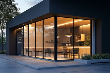 Modern storefront with large windows and warm lighting, showcasing a cafe interior.