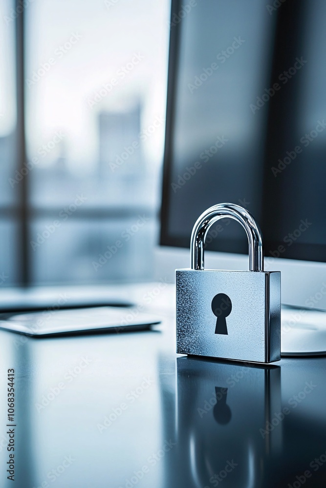 Poster a professional office setting with a computer monitor showing encrypted data transmission, alongside