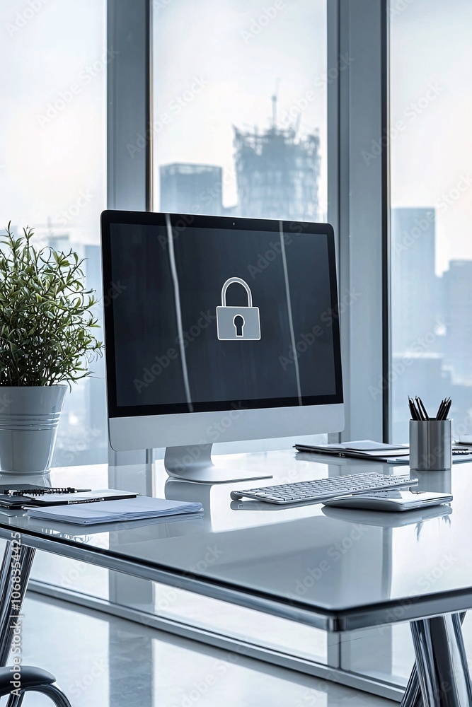 Poster a professional office setting with a computer monitor showing encrypted data transmission, alongside
