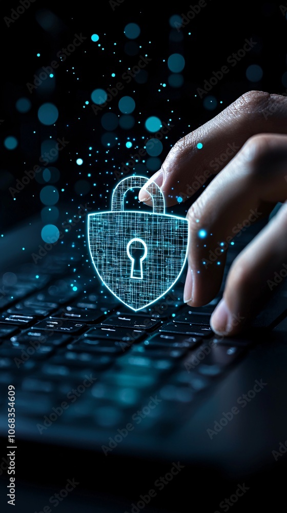Poster a hand hovering over a keyboard with a holographic padlock and shield icon above it, symbolizing dat