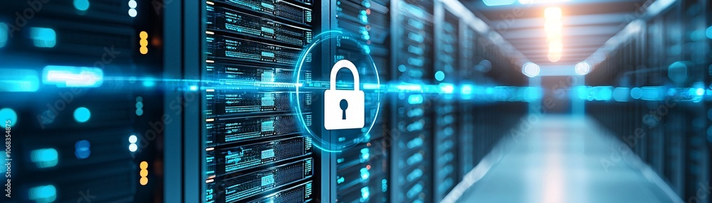Poster a server room with glowing data cables and a padlock icon overlay, emphasizing cybersecurity in data