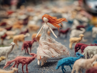 Redhead Doll Among Sheep:  A lone doll with vibrant red hair, wearing a flowing gown, strides confidently amidst a multitude of colorful sheep. Her movement creates a sense of motion and dynamism.