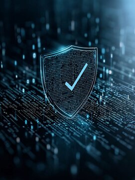 A digital shield icon with a checkmark, floating above a background of binary code, symbolizing a secure system. The dark background leaves ample room for copy space.