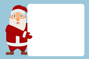 Colorful bright Christmas greeting card. Santa Claus with blank white banner. Merry Christmas and Happy New Year. 