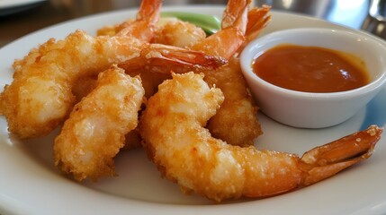 A serving of tempura shrimp, crispy and golden, served with a dipping sauce on the side.


