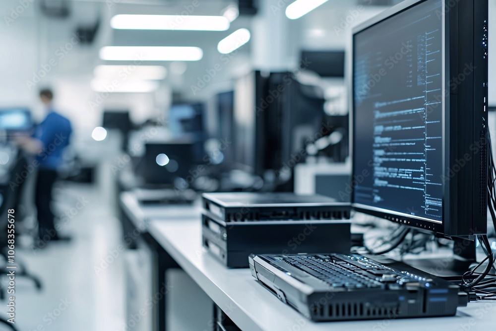 Poster a professional workspace showing digital forensic tools such as encrypted hard drives and specialize