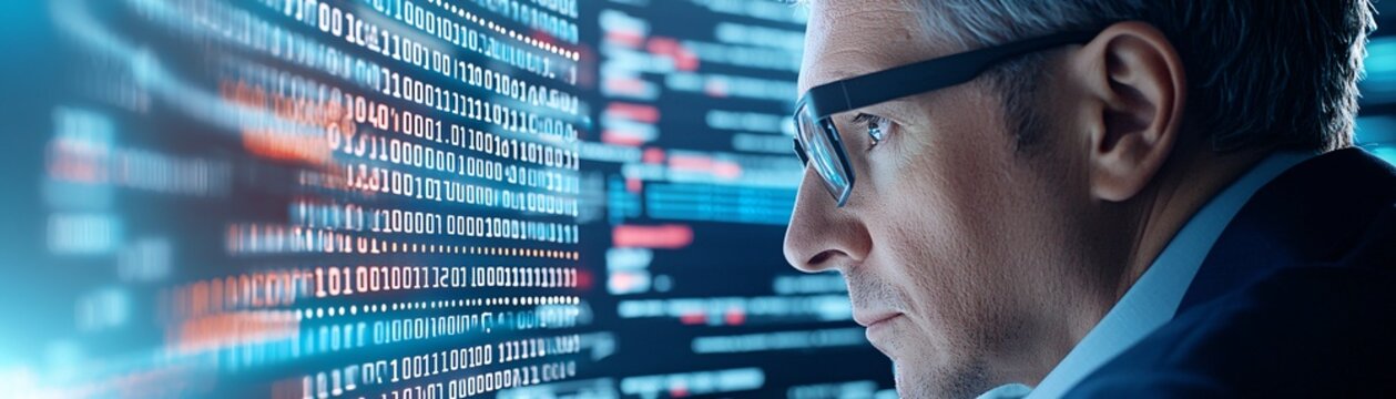 A detailed image of a computer screen displaying binary code, with a digital forensics analyst in the background, allowing for ample copy space for additional elements.