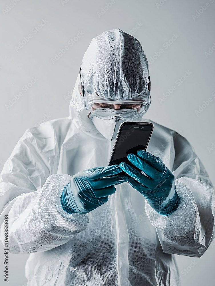 Poster a forensic investigator examining a smartphone for digital evidence, with the image composed to incl