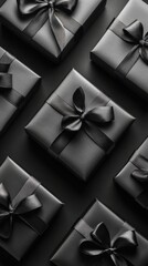 Wrapped black gifts with bow ties are neatly placed on a dark surface, showcasing a stylish and modern aesthetic fit for Black Friday celebrations