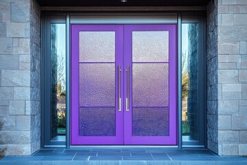 Chic entryway with purple ripple glass double doors for a modern aesthetic.