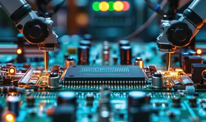 Advanced High Precision Robot Arms on Fully Automated PCB Assembly Line Inside Modern Electronics Factory. Electronic Devices Production Industry. Component Installation on Circuit Board