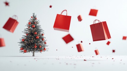 Colorful shopping bags falling with christmas tree on color background,holiday shopping online season,holiday winter shopping bags and gift boxes,space for text.