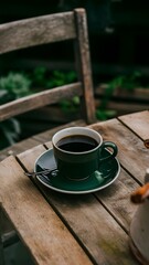 Green cup on a rustic table in the garden