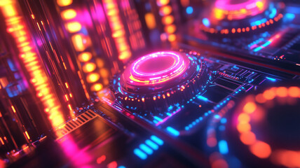 Obraz premium Neon Synthwave: Futuristic, neon-drenched tech interface with glowing lights and intricate circuits, evoking a retro-futuristic vibe of cyberpunk and synthwave aesthetics.