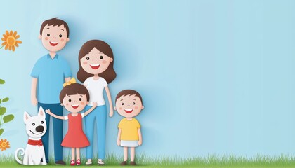 Obraz premium A crayon-drawn family portrait with parents, kids, and pets smiling, with simple stick figures and colorful outfits.