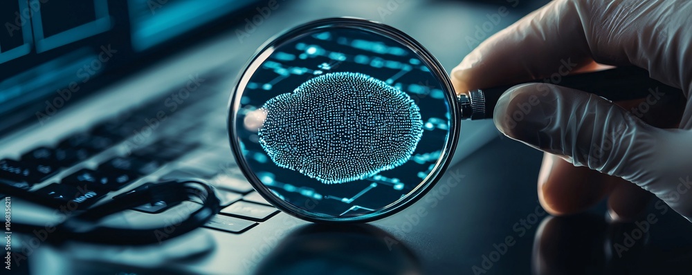 Poster a magnified view of digital evidence being analyzed on a computer, with a focus on intricate details