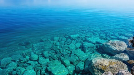 Fototapeta premium Serene Blue Lagoon, tranquil turquoise waters, surrounded by lush greenery, a peaceful retreat inviting relaxation and contemplation, perfect for unwinding in nature's beauty