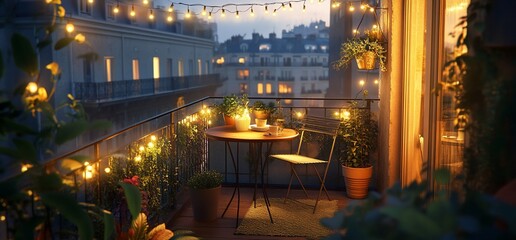 Obraz premium Romantic balcony setting with string lights and potted plants.