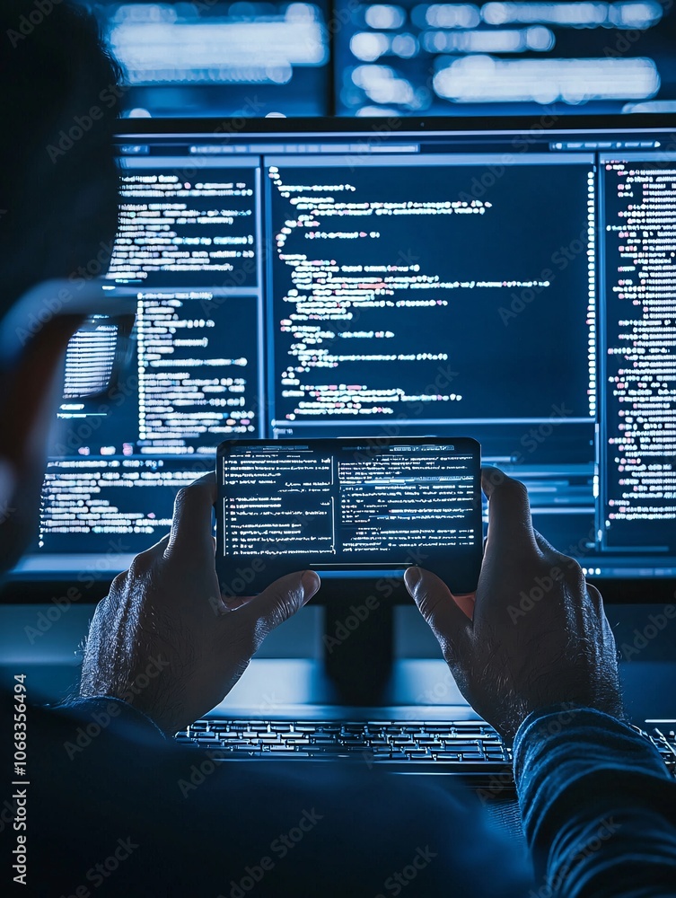 Poster a close-up of a digital forensics analyst using specialized software to trace digital activities, wi