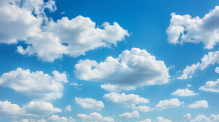 Fototapeta premium Vast Blue Sky with Fluffy Clouds, serene atmosphere, perfect for backgrounds or commercial use, low-contrast details create a calming visual experience, high-resolution quality.