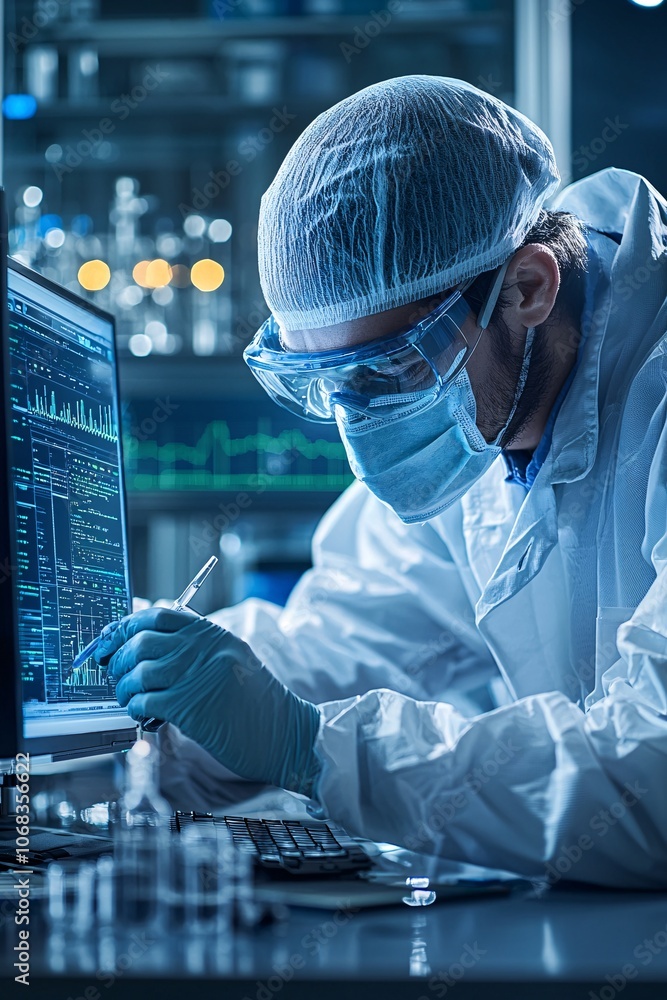 Poster a forensic investigator working on a computer, with data analysis software and tools prominently dis