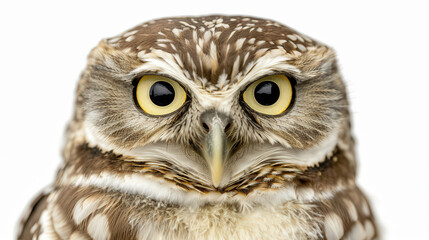 Fototapeta premium Owl's Intense Gaze, captivating close-up of an owl's piercing eyes against a pristine white backdrop, sharp details and ample space for promotional content.