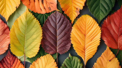 Obraz premium Autumn's Palette, a vibrant close-up showcasing diverse fall leaves in rich hues, celebrating the beauty and transformation of nature on the season's first day.