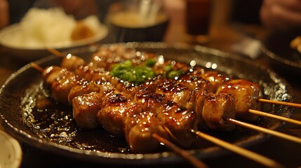 A serving of yakitori, grilled chicken skewers glazed with a sweet soy sauce.



