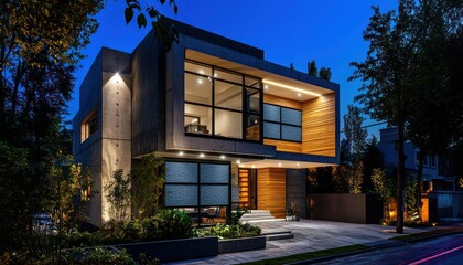 Obraz premium Night view from the street of a modern home with slate window frames and wood detailing.