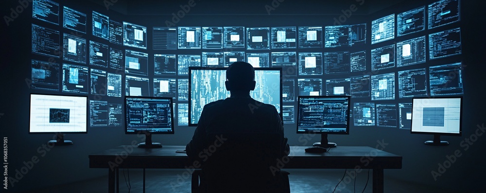 Poster a shadowy figure sitting in front of multiple monitors filled with cryptic data, symbolizing the ano
