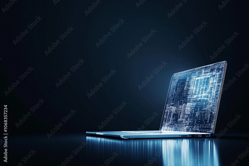 Poster a minimalist representation of a laptop with its screen showing a darkened browser window, symbolizi