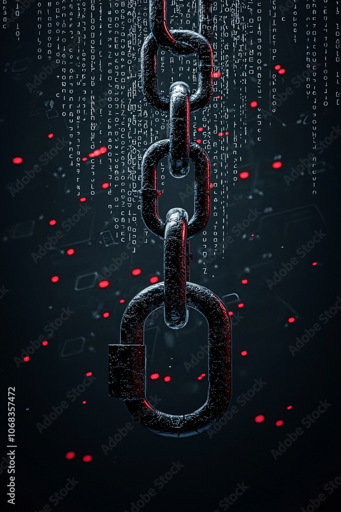 Poster a dark, cyber-themed image featuring a lock and chains superimposed on a background of digital code,