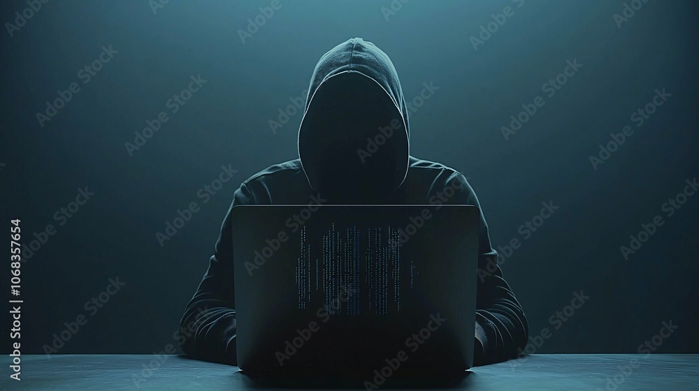 Poster a silhouetted figure in a hooded jacket working on a laptop, with dark, ominous code on the screen, 