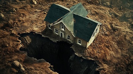 Fototapeta premium Devastating impact how a house is consumed by a massive sinkhole in a dramatic landscape