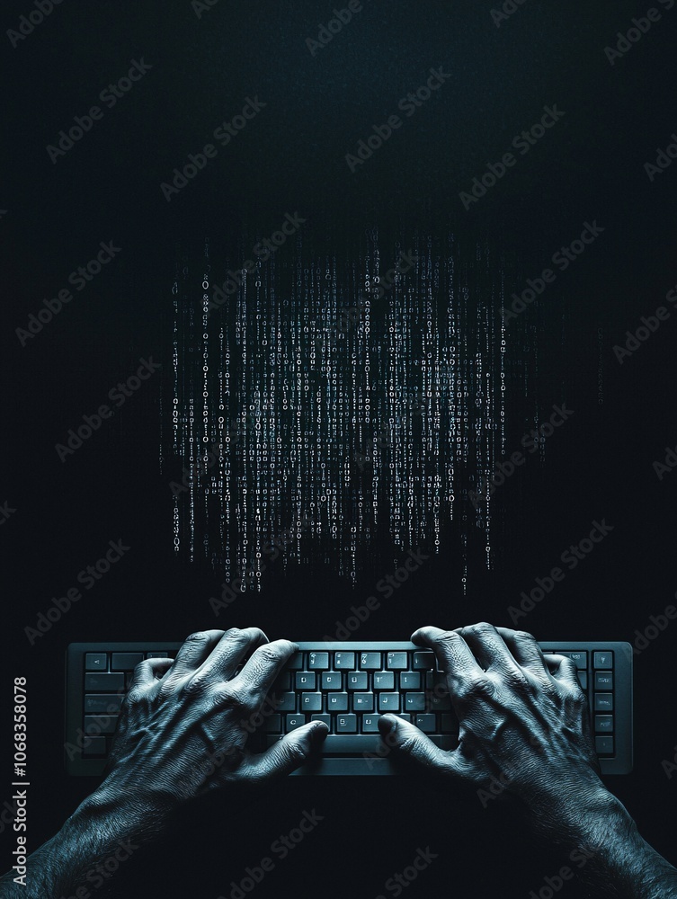 Poster a low-lit scene with a hacker's hands hovering over a keyboard, with dark web code reflected on the 