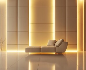 Cream living room with square panels, polished floors, and warm lighting.