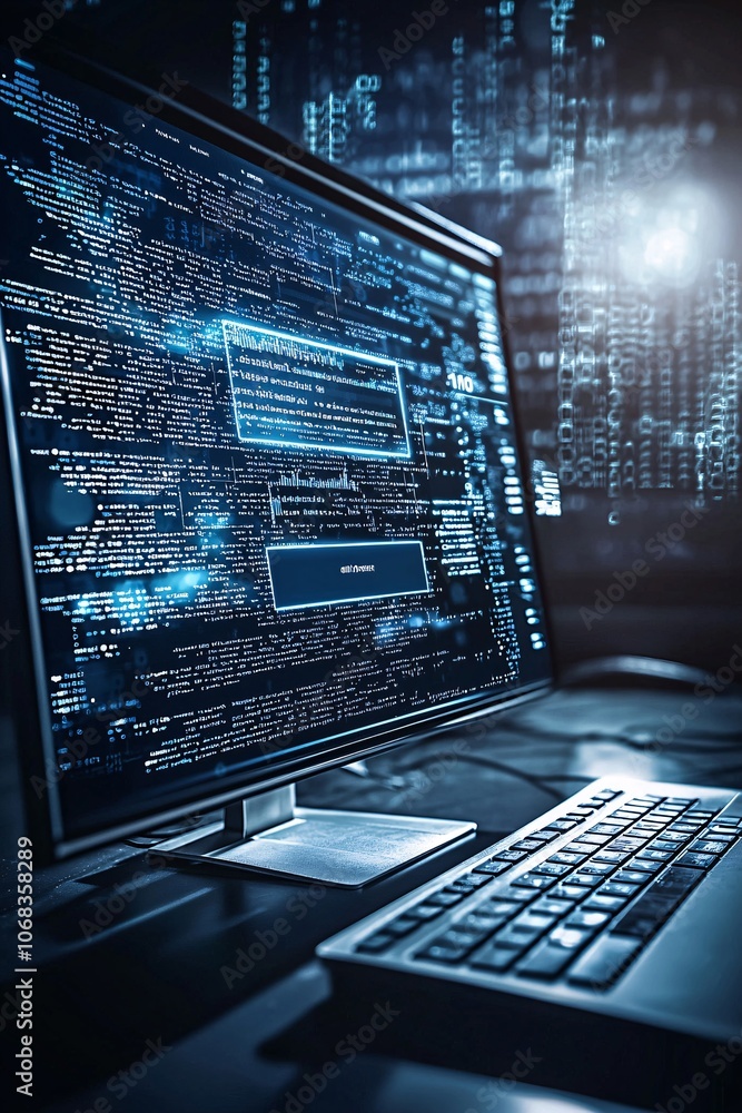 Poster a close-up of a monitor showing a dark web search bar, surrounded by encrypted code, with dark tones