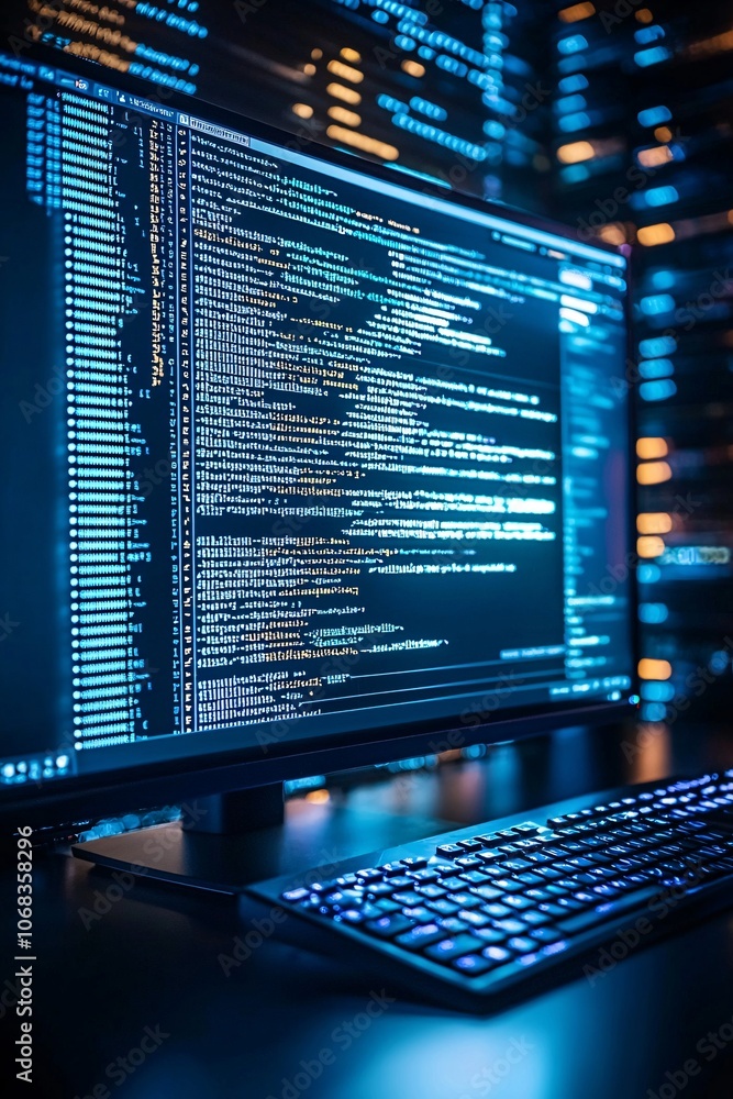 Poster a close-up of a monitor showing a dark web search bar, surrounded by encrypted code, with dark tones
