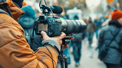 Close-up of hands operating a professional video camera