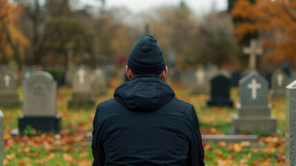 Quiet Reflection in a Cemetery, solemn atmosphere, All Saints Day remembrance, personal contemplation amid serene surroundings, honoring memories of loved ones lost