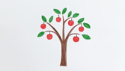 A simple crayon drawing of a tree with green leaves and a brown trunk, with apples hanging from the branches.