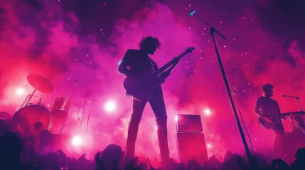 Silhouetted guitarist on stage with pink lighting. Perfect for depicting a music festival or rock concert.
