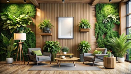 Obraz premium Aerial View of Modern Interior with Blank Framed Poster on Wooden Wall Surrounded by Green Plants and Cozy Seating for Stylish Home Decor Inspiration