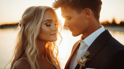 A romantic couple on the beach at sunset